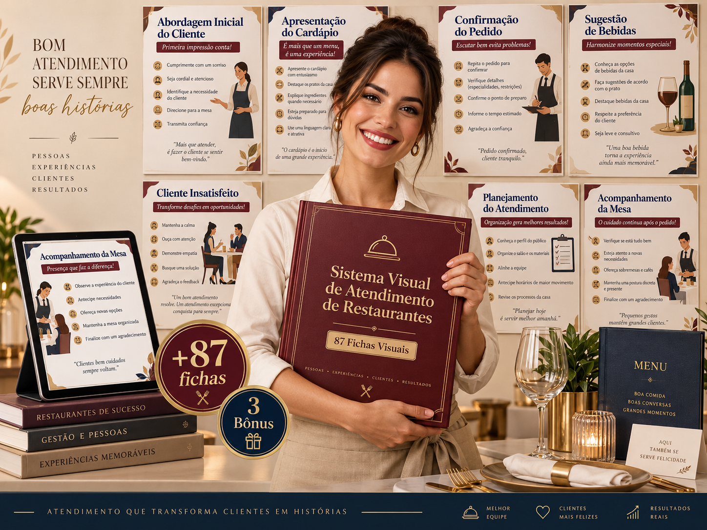 Mockup do Sistema Visual de Atendimento de Restaurantes com as 87 fichas visuais e os 3 bônus